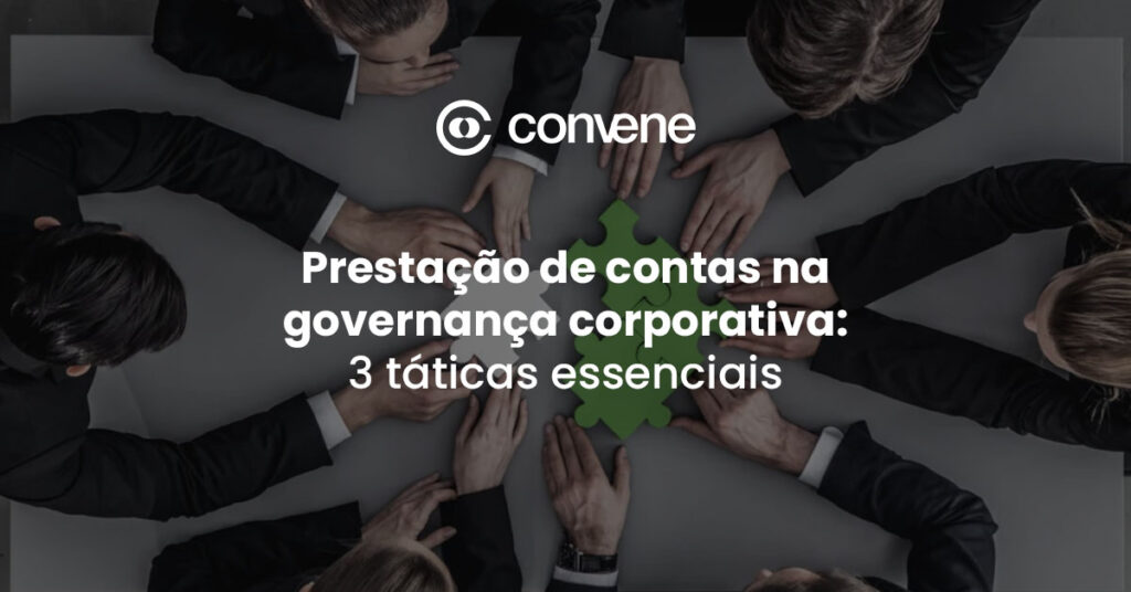 Vista aérea de executivos em círculo encaixando peças de quebra-cabeça, com título sobre prestação de contas na governança corporativa e logo da Convene.