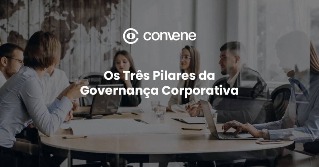 Equipe de executivos em reunião estratégica em escritório moderno com o título 'Os Três Pilares da Governança Corporativa' e logo da Convene ao centro.