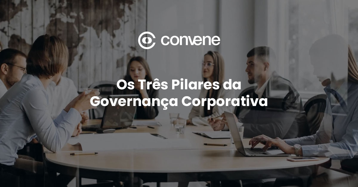 Equipe de executivos em reunião estratégica em escritório moderno com o título 'Os Três Pilares da Governança Corporativa' e logo da Convene ao centro.
