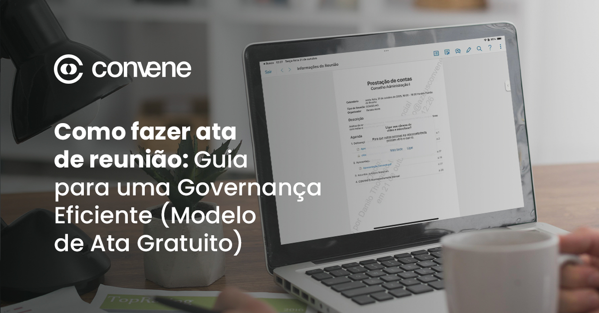 Executivo em traje formal utilizando tablet para gerenciar ata de reunião através da plataforma Convene.